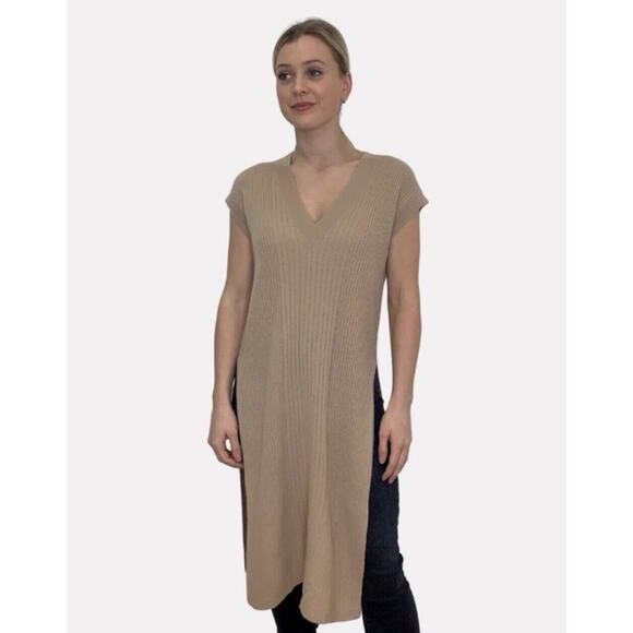 Autumn Cashmere Ribbed V-Neck Butterscotch Brown Tunic Knit Sweater Dress - Picture 1 of 6